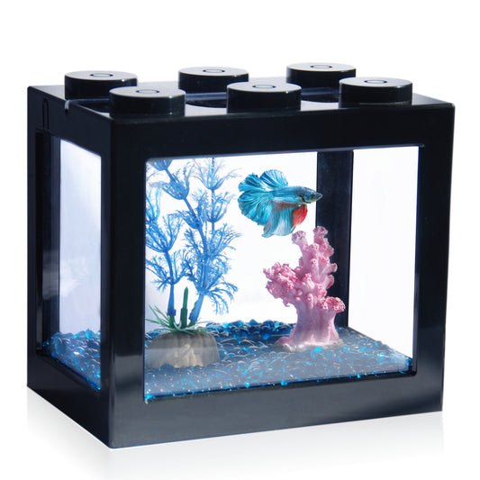 Small Betta Fish Tank, Stackable Mini Fish Tank Aquarium Tank Kit, 3/5 Gallon Rectangular Fish Bowl with Aquarium Gravel Decoration, Cube Tank for Seaweed Balls Sea Monkeys