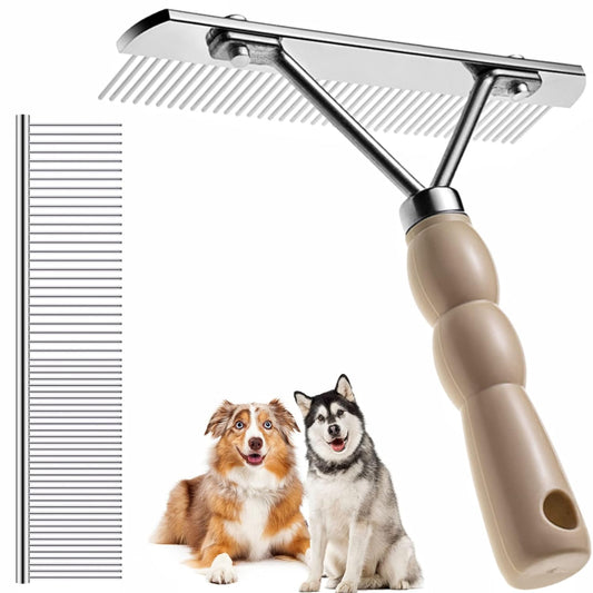 Dog Rake for Undercoat Long Tooth Dogs Comb, Rake Brush+Stainless Steel Shedding Comb, Husky Undercoat Rake Grooming Tool Set for Big Dog Horse